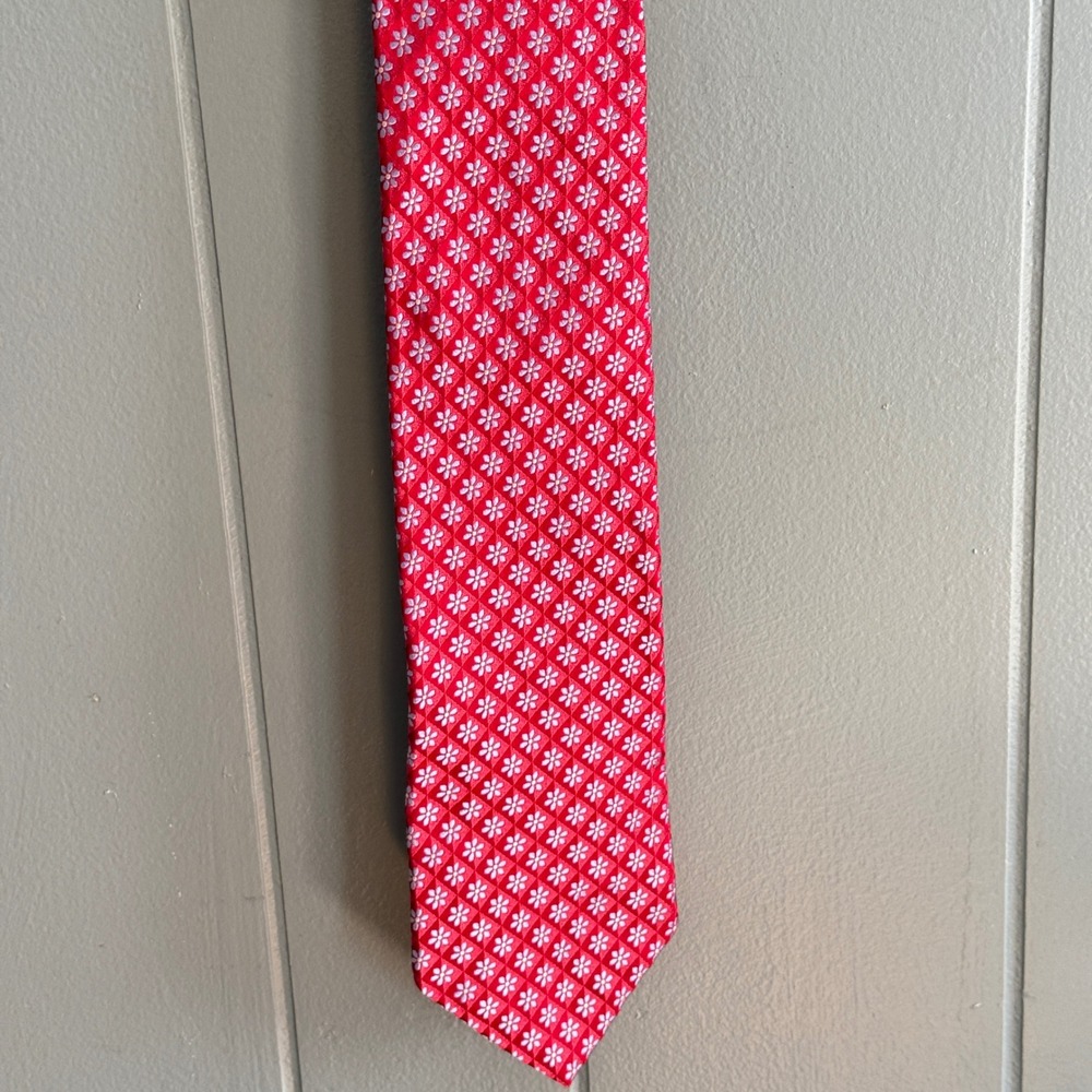 Ike Behar Silk Necktie Red Blue Ditsy Floral Jacquard Preppy Ivy League Made USA